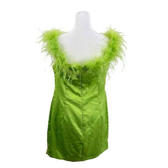Boohoo Occasion Lime Green Feather Trim Off the Shoulder Mini Dress - Picture 3 of 8